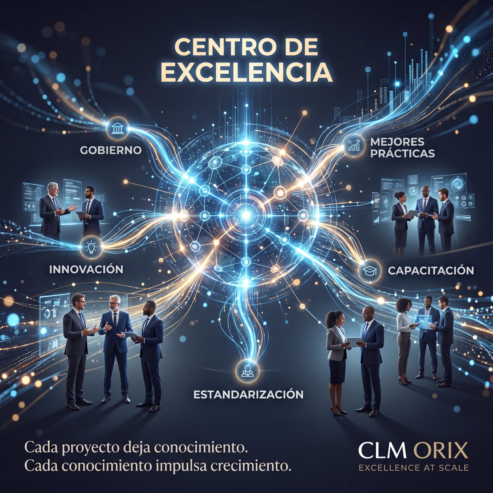 Equipo de CLM Orix colaborando en el Centro de Excelencia alrededor de los nodos de Gobierno, Innovación y Calidad