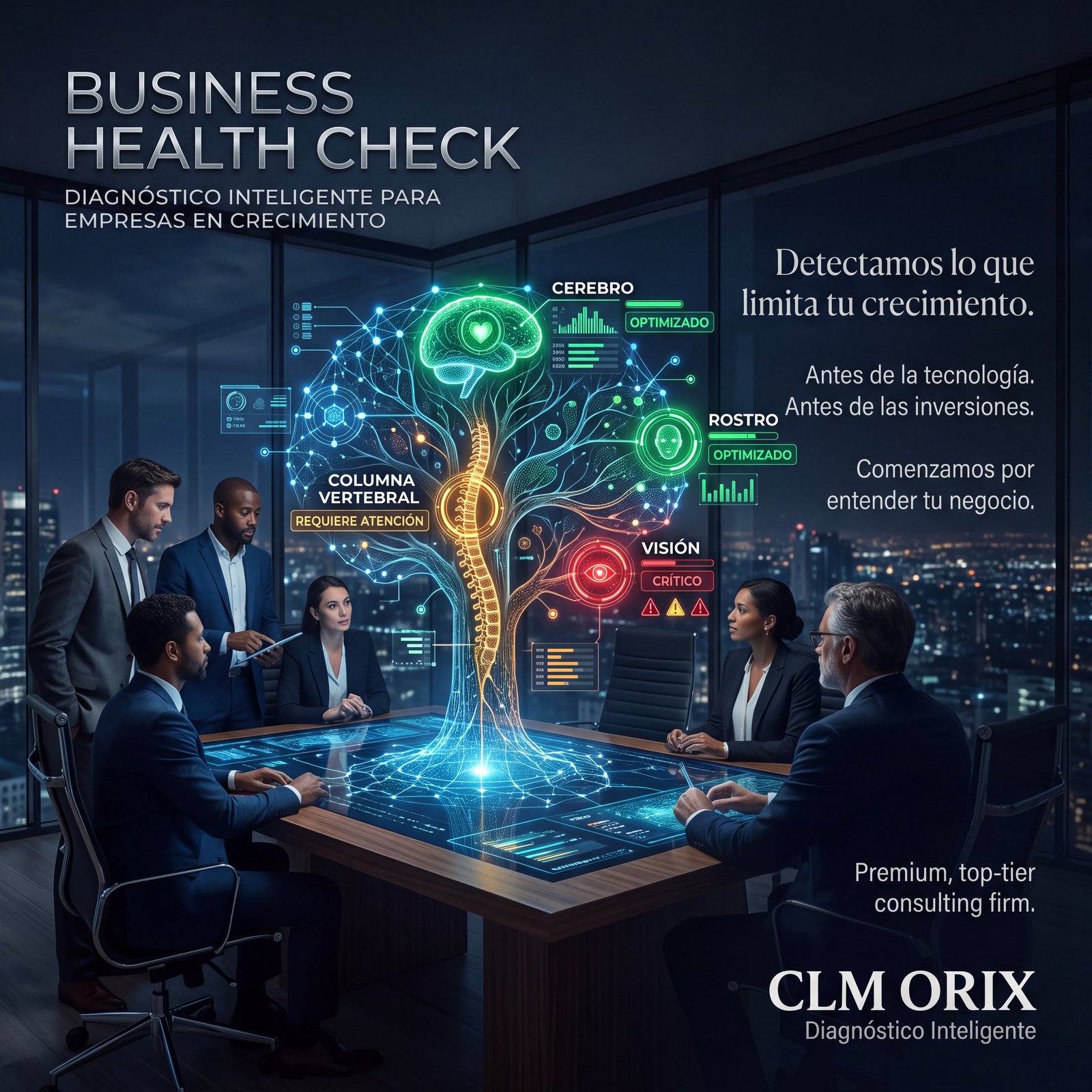 Equipo de alta dirección de CLM Orix analizando el holograma del organismo empresarial