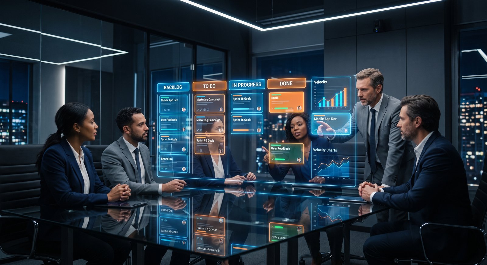 Directores analizando tableros ejecutivos de datos y analítica en tiempo real